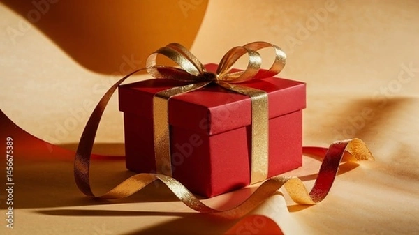 Fototapeta Close-up of a red gift box with satin bow, festive and luxurious look, soft shadows, studio lighting