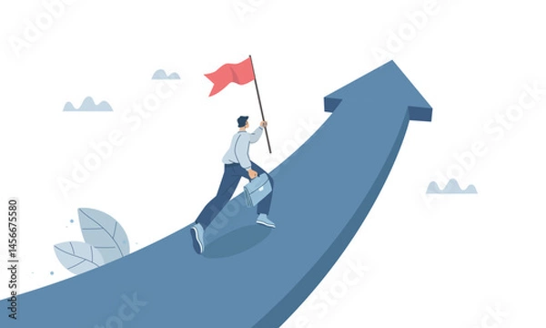 Fototapeta Businessman holding flag running towards highest growth goal, Goal setting leads to success in career or organization, Working towards target, Flat design vector illustration.