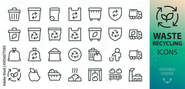 Fototapeta Waste recycling line icons set. Set of trash bin, garbage container and truck, waste processing plant, dumpster vector icon with editable stroke