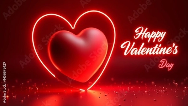 Fototapeta A red neon heart with the words "Happy Valentine's Day" on it.