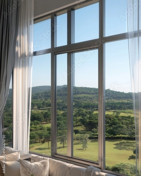 Fototapeta Serene Vista Through Modern Window: A Tranquil Escape to Nature's Embrace and Peaceful Scenery