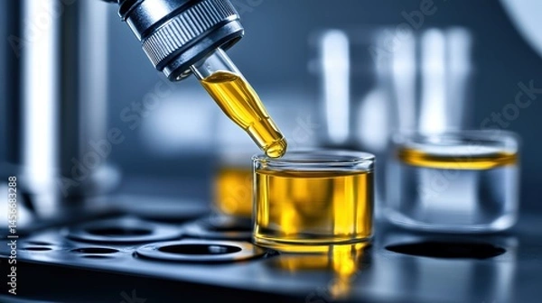Fototapeta Close-up of golden liquid being dispensed from pipette into beaker in laboratory setting for scientific research and development