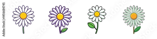 Obraz Collection of Four Different Cartoon Daisy Flowers with Variations in Color and Style