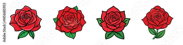 Obraz Four beautiful cartoon red roses with green leaves against white background