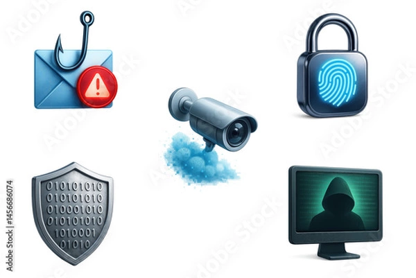 Fototapeta Set of cybersecurity icons with phishing alert, fingerprint lock, surveillance camera, shield, and hacker on transparent background