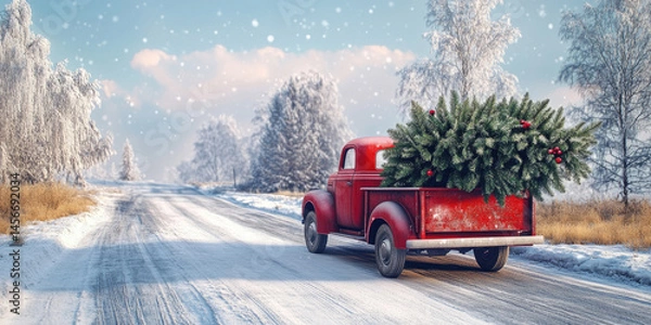 Fototapeta A Red Truck Carries a Christmas Tree Through a Snowy Winter Landscape