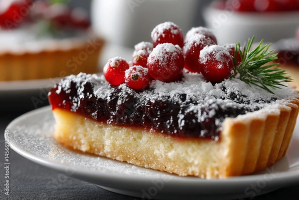 Fototapeta Slice of lingonberry tart with powdered sugar and berries