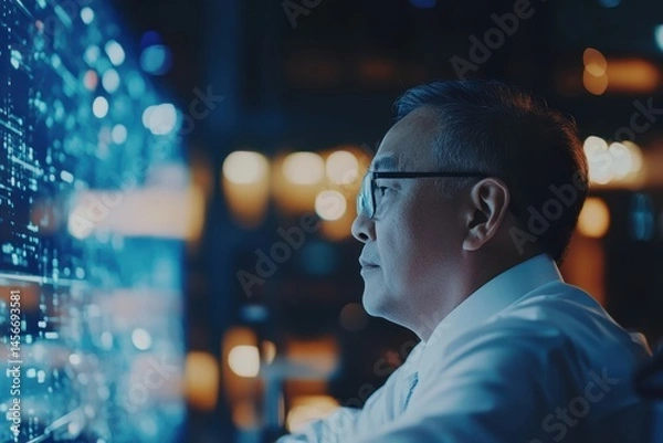 Fototapeta Businessman Analyzing Data on Digital Screen in Modern Office at Night.