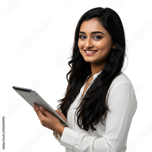 Obraz Smiling indian businesswoman holding digital tablet with transparent background
