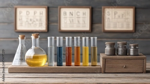 Fototapeta Stylized Science Classroom Setup with Flasks and Test Tubes Display