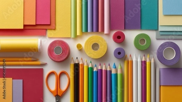Fototapeta Colorful Craft Supplies Layout for DIY School Projects and Activities