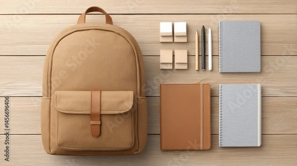 Fototapeta Organized Backpack with Compartments and Stationery on Wooden Surface