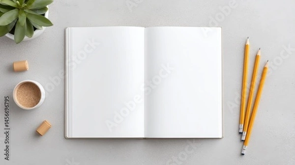 Fototapeta Creative Concept with Open Notebook and Doodles on Minimalist Desk