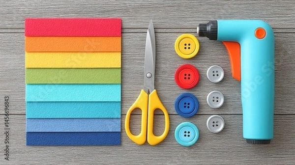 Fototapeta Colorful Craft Essentials with Glue Gun, Scissors, and Buttons