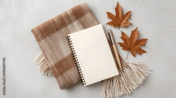 Fototapeta Cozy Autumn Flatlay with Leaves, Notebook, and Plaid Blanket