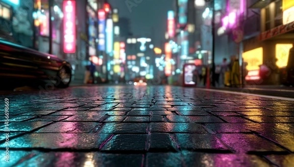 Fototapeta A close-up of the empty street in cyberpunk Tokyo, with neon lights reflecting on wet cobblestones