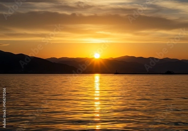 Fototapeta A golden sunset over the water with mountains in the distance creating a scenic and peaceful view