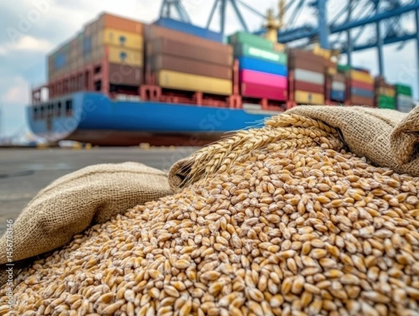 Obraz Wheat Grain in Burlap Sack at Port with Cargo Ship in Background Close Up View Agriculture Export Import