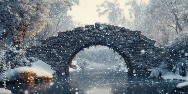 Fototapeta Snowy Winter Scene Stone Bridge in a SnowCovered Forest