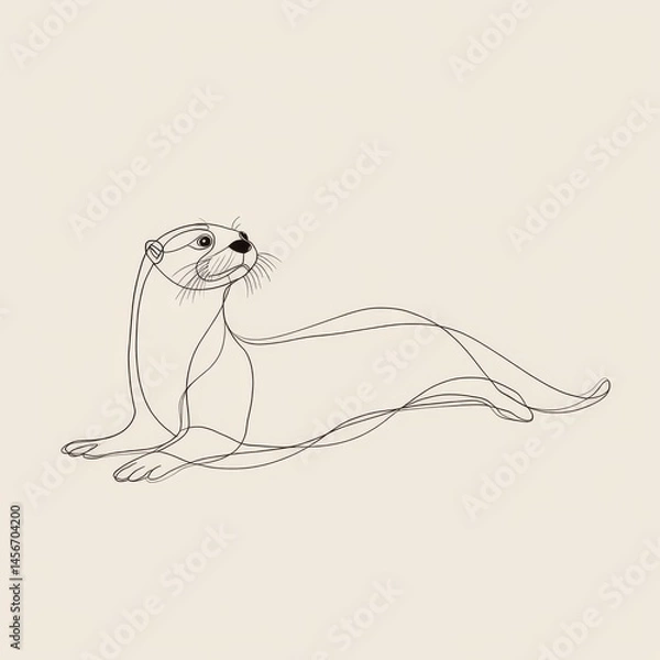 Fototapeta Elegant Otter Line Art Illustration on Beige Background - Minimalist Animal Design for Prints, Logos, and Creative Projects
