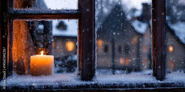Fototapeta Cozy Candlelight Scene Viewed Through a Snowy Window