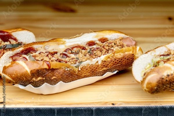Fototapeta Gourmet Hot Dog on Wooden Surface