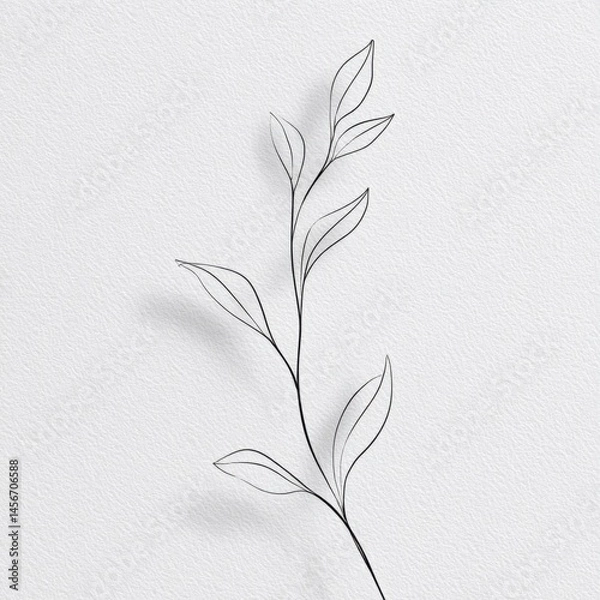 Fototapeta Minimalist Leaf Branch Line Art on Textured White Background - Elegant Botanical Illustration for Print, Design, and Creative Projects