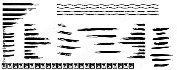 Fototapeta A minimalist digital drawing of black brushstrokes: the top row with varied horizontal strokes, the middle with vertical strokes, and bottom with a repeating Greek key pattern, clean and symmetrical.