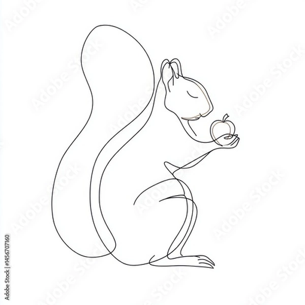 Fototapeta Squirrel with Apple - Minimalist Line Art Illustration on White Background for Nature, Wildlife, and Design Projects