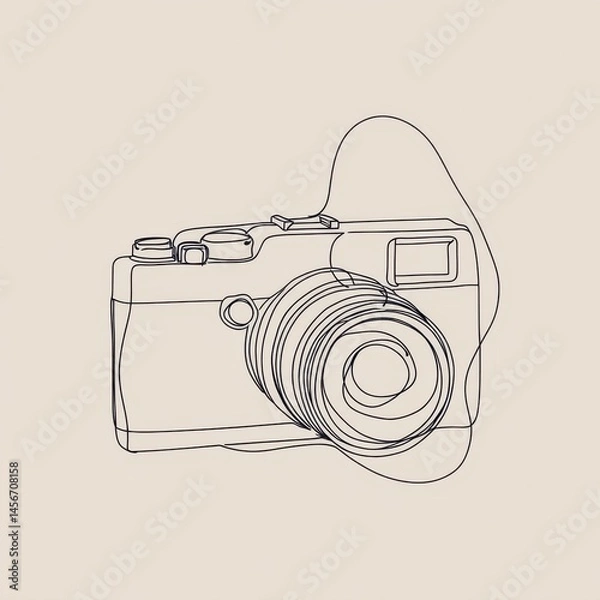 Fototapeta Continuous Line Drawing of a Camera: Minimalist Photography Concept for Creative Projects and Visual Storytelling (Beige Background)