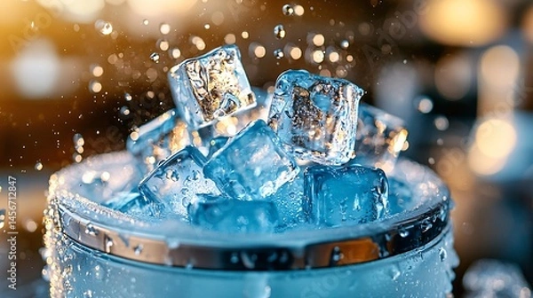 Obraz Close-up of a transparent ice maker in action, releasing crystal-clear cubes into a frosted container, condensation forming on the lid, bright lighting, high-definition realism