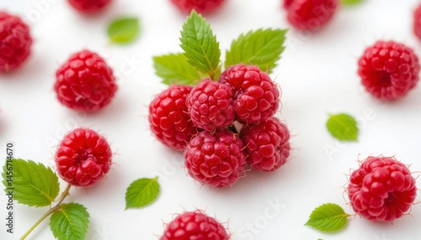 Obraz A cluster of ripe, red raspberries sits amongst scattered berries and fresh mint leaves on a white background.  The vibrant color and natural composition create a visually appealing image.