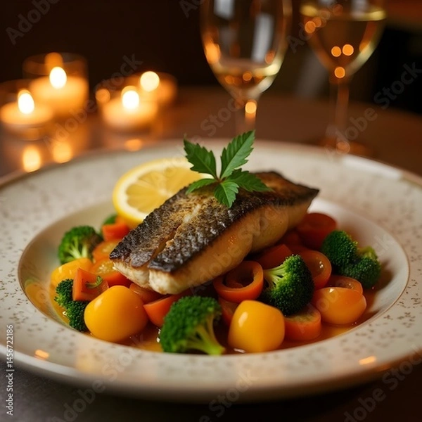 Fototapeta Exquisite fish dish served with vibrant vegetables at a fine dining restaurant in the evening