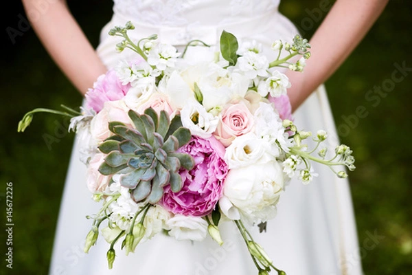 Fototapeta bridal bouquet with peonies and succulents