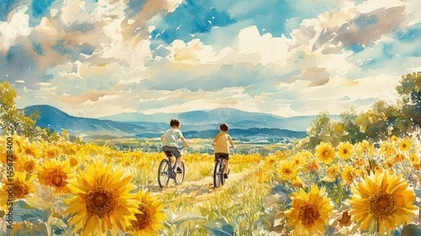 Fototapeta Joyful Summer Ride Vibrant Watercolor Painting of Boys Cycling in Sunflower Field, Embracing Friendship and Freedom in Childhood Delights
