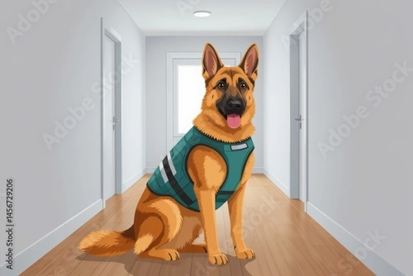 Fototapeta German shepherd in training vest, dogs, sitting on wooden floor in hallway. Concept of vibrant illustration capturing german shepherd in training vest, emphasizing its expression and personality.