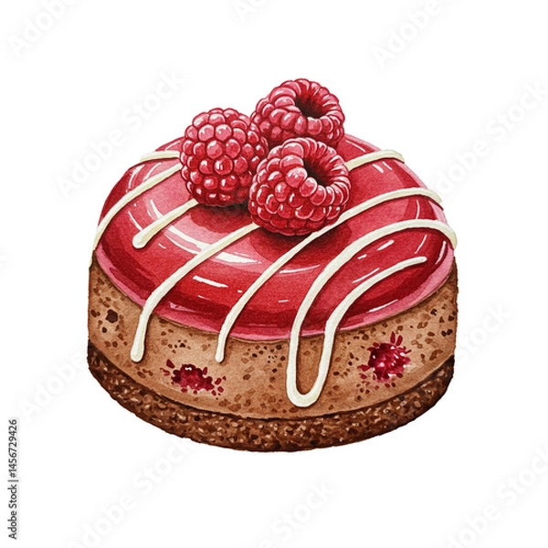 Fototapeta Watercolor illustration of a chocolate raspberry layer cake slice with chocolate frosting and raspberry topping. Rich bakery dessert drawing, isolated food.