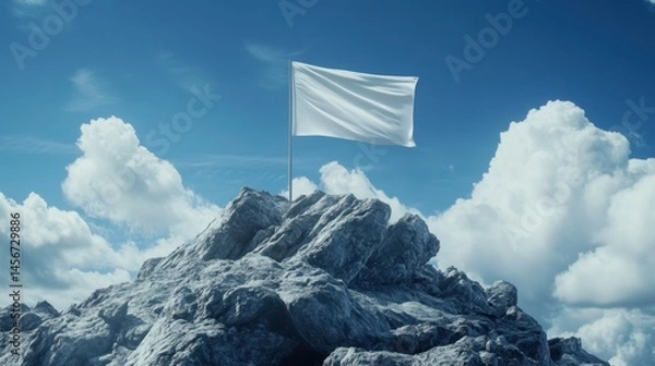 Fototapeta A blank flag waving atop a rocky mountain peak.