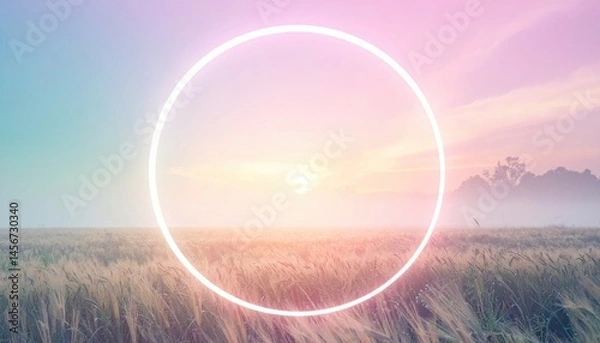 Fototapeta Sunrise in a golden field nature scene minimalist aesthetic serene environment wide viewpoint tranquil concept for peaceful vibes