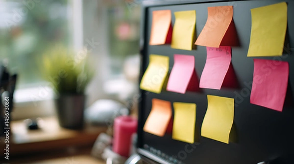 Fototapeta Creative Workspace: Colorful sticky notes adorn a sleek computer monitor, providing a visual tapestry of reminders and ideas within a bright office setting.