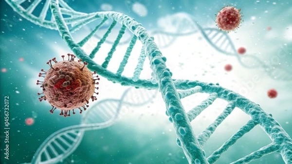 Obraz cancer, oncology and genetics concept. Abstract representation of DNA strands and viruses in a scientific context.