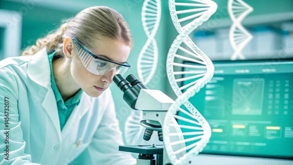 Fototapeta cancer, oncology and genetics concept. Scientist examining DNA through a microscope in a lab setting.
