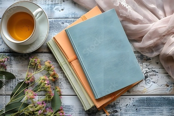 Fototapeta A serene moment captures a cup of tea beside three colorful notebooks on a rustic wooden table. Fresh flowers and delicate fabric enhance the calming atmosphere of this cozy space