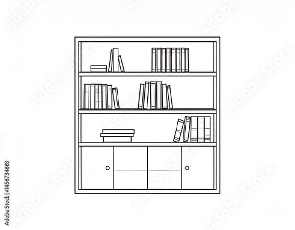 Fototapeta Bookshelf outlines with books on shelves and doors below, simple and clean