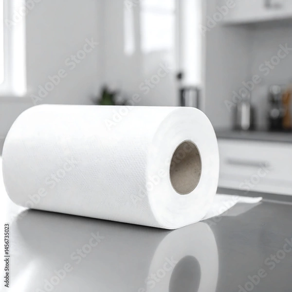 Fototapeta Cleanliness concept. Roll of white paper towels on a kitchen counter. Symbol of hygiene, order, and domesticity. Ideal for household, cleaning, or lifestyle themes.