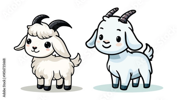Fototapeta set of cute cartoon goats sheep with big eyes and happy faces, perfect for kids designs, books, and animal themed content, Islamic Eid al-Adha poster social media.