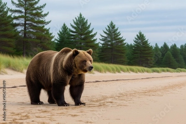 Fototapeta Grizzly bear and pine trees on sandy beach, serious expression, realistic fur, tall green pine trees in background. Concept of grizzly bear and pine trees highlighting animals in nature.