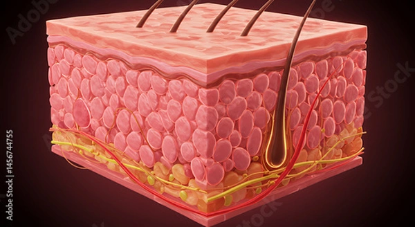 Obraz Detailed 3D Render of Human Skin Layers: Epidermis Dermis Subcutaneous Tissue Glowing Pink Brown