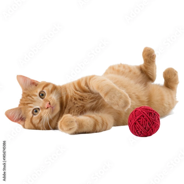 Obraz An orange tabby cat enjoys playtime by lying on its back, reaching out its paws, and interacting with a red yarn ball in a bright, cheerful space