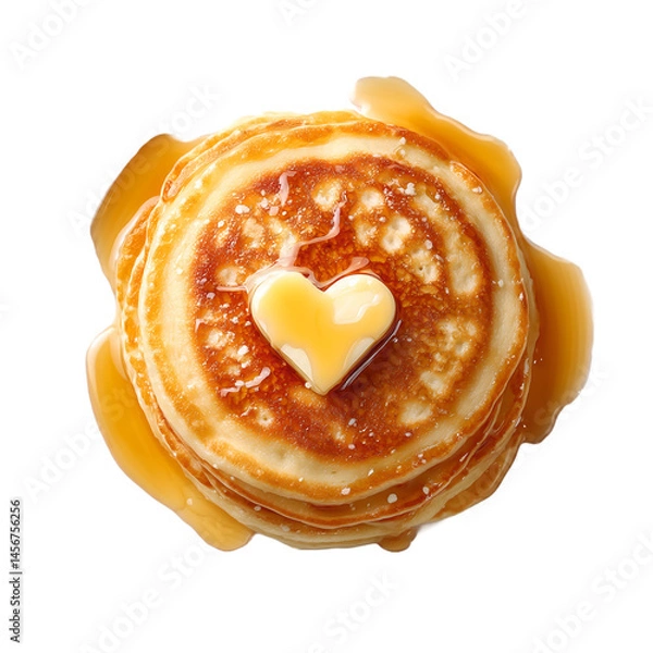 Fototapeta stack of American pancakes with maple sirup and heart shaped  butter flake on transparent background